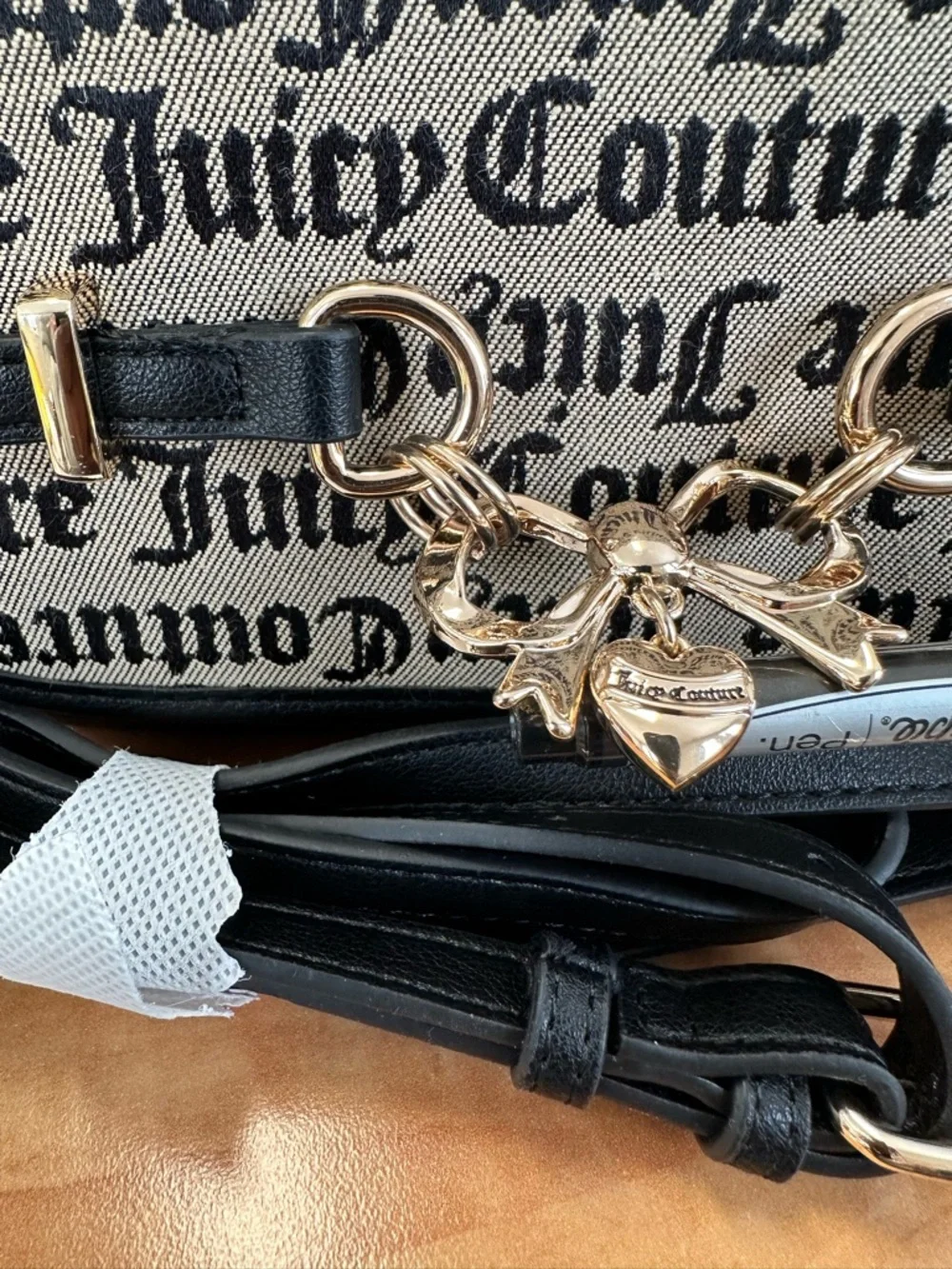 Juicy Couture Crossbody Saddle Bag with Script Print - Black/Beige NWT
